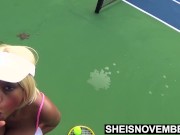 Preview 4 of Young Ebony Tennis Player Sucking Dick On Court In Public. HD Msnovember