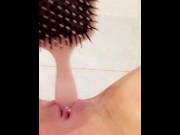 Preview 1 of Naughty teen fucks her tiny pussy with hairbrush in school bathroom