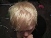 Preview 2 of Blonde FtM Slut Deepthroats, Gets Tight Pussy Pounded for Birthday Creampie