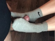 Preview 1 of teen sockjob with gray nike socks, footjob teen socks after gym fuck cum