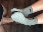 Preview 2 of teen sockjob with gray nike socks, footjob teen socks after gym fuck cum