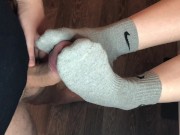 Preview 3 of teen sockjob with gray nike socks, footjob teen socks after gym fuck cum