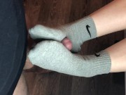 Preview 4 of teen sockjob with gray nike socks, footjob teen socks after gym fuck cum