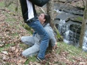 Preview 3 of Handcuffed to a tree and deepthroat facefucked
