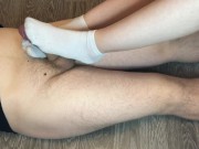 Preview 2 of sexy girl in white socks footjob and handjob with sock cumshot foot fetish