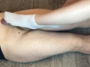 Preview 3 of sexy girl in white socks footjob and handjob with sock cumshot foot fetish