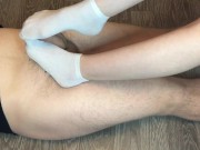 Preview 4 of sexy girl in white socks footjob and handjob with sock cumshot foot fetish