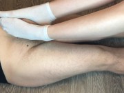 Preview 6 of sexy girl in white socks footjob and handjob with sock cumshot foot fetish