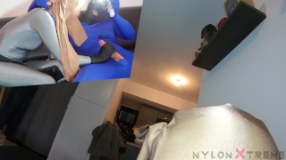 [4K] Katy with zentai catwoman Make blowjob encasement Nylon