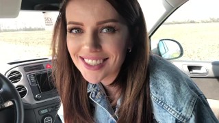 A quick blowjob from a beauty in the car after a fast ride got horny