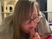 Preview 3 of Amateur BBW milf close POV swallowing his load topless  during shark week