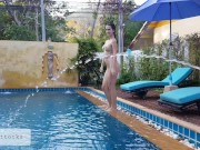 Preview 4 of Pretty woman takes outdoor shower and masturbates by the pool
