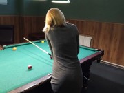 Preview 1 of Hard fast anal fuck hot teen girl on pool table. Public sex. 60FPS. 1080.