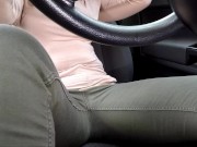 Preview 1 of She held it long but PEE in pants in CAR traffic jam - powerful piss!