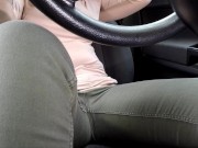 Preview 2 of She held it long but PEE in pants in CAR traffic jam - powerful piss!
