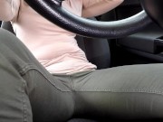 Preview 3 of She held it long but PEE in pants in CAR traffic jam - powerful piss!