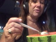 Preview 1 of Busty cougar enjoys quarantine squirt eating melon mukbang vegetable cucumber food insertion