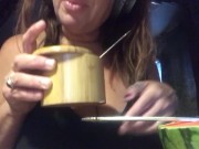 Preview 2 of Busty cougar enjoys quarantine squirt eating melon mukbang vegetable cucumber food insertion