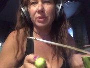 Preview 4 of Busty cougar enjoys quarantine squirt eating melon mukbang vegetable cucumber food insertion