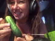 Preview 6 of Busty cougar enjoys quarantine squirt eating melon mukbang vegetable cucumber food insertion