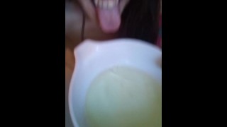Dirty HAIRY Pink Pussy Pees into Bowl Plays with Pee Loves It 
