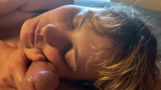 Step sister worships his dick, balls and asshole with sloppy close up blowjob and rimjob
