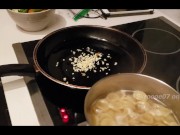 Preview 3 of Foodporn Ep.1 Noodles and Nudes- Chinese Girl cooks in Lingerie and sucks BBC for dessert 4K 烹饪表演