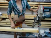 Preview 3 of Sexy girl replace the blade on a Miter Saw - Hot woodworking part 1