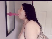 Preview 3 of Chubby Amateur sucks dildo in front of mirror