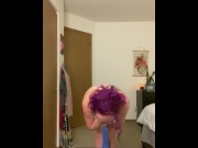 Preview 5 of Purple haired slut performs strip tease & rides dildo for daddy