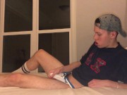Preview 4 of 19 year old college frat boy Jesse Gold jerks of wearing jockstrap and frat shirt