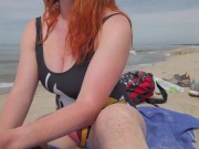 Preview 5 of Public Beach Handjob Quickie till Fountain of Cum | Redhead Ginger Big Natural Tits in Swimsuit