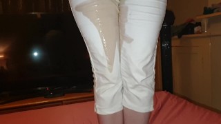 Totally Pissing My Tight White Jeans Standing On The Bed!! ;)