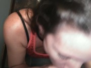 Preview 4 of On her knees skeez. Sneaky blowjob and Cums in her throat. Giving head to Fred!