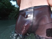 Preview 4 of Jerking off in a public river untill I drop a massive cumshot in my see thru leggings