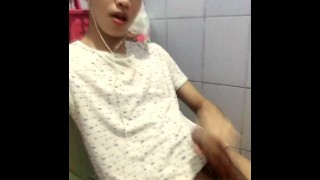 Young Asian Inked Boy Jerking Off and Cumming Inside the Toilet