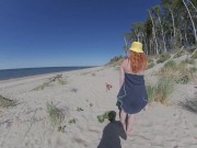 Preview 2 of STRANGERS CUM IN MY SWIMSUIT PANTIES ON PUBLIC BEACH! Risky Big Tits Red Hairy Pussy MILF GINGER ALE