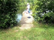 Preview 2 of Fish bank skank, the beginnings. Whore fucks fisherman and drinks his piss outdoors in public. HOT