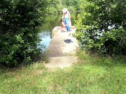 Preview 3 of Fish bank skank, the beginnings. Whore fucks fisherman and drinks his piss outdoors in public. HOT
