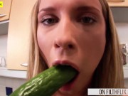 Preview 1 of Hot Blonde Slut Uses Cucumber To Fuck Her Pussy