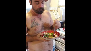 Naked salad toss: eating and hanging out with my dogs