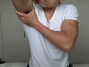 Preview 1 of Nerdy guy flexes his biceps and muscles and shoots and spreads a nice big load all over his chest!