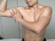 Preview 6 of Nerdy guy flexes his biceps and muscles and shoots and spreads a nice big load all over his chest!