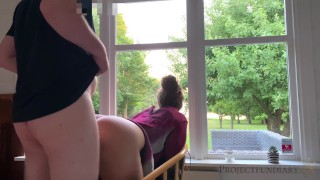 relaxed window fuck ends with huge cumshot on hairy pussy