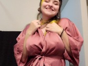 Preview 1 of Goth girl gives playful strip tease dance in silk robe