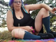 Preview 2 of Shantastic Hairy Rainbow Haired Milf Smoking and Masturbating Outdoors Surprise Squirt Ending