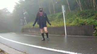 Transgender honoka peeing openly in the center of the road.