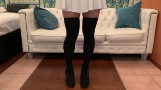 A slut who makes you bukkake on her thighs in uniform black tights