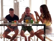 Preview 6 of Sucked his friend dick under the table until his step sister sees. Risky Blowjob Almost Caught