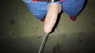 Peeing with erection and cumshot under a bridge